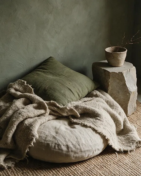 A Wabi-Sabi style corner vignette with a muted green plaster wall, a round beige floor cushion, an olive linen pillow, and a soft textured throw draped casually across the seat. A rough stone pedestal holds a small handmade ceramic cup with bare branches, all resting on a woven natural fiber rug.