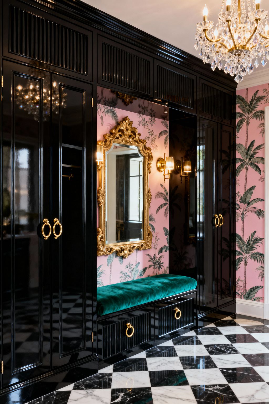 A Hollywood Regency mudroom with glossy black lacquer cabinetry featuring brass ring pulls and a built-in bench upholstered in emerald green velvet. Pink palm-patterned wallpaper backs an ornate gilded mirror flanked by ribbed-glass brass sconces, while a crystal chandelier sparkles above a diagonally laid black-and-white marble checkerboard floor; louvered upper panels and reeded drawer fronts add texture and sheen.