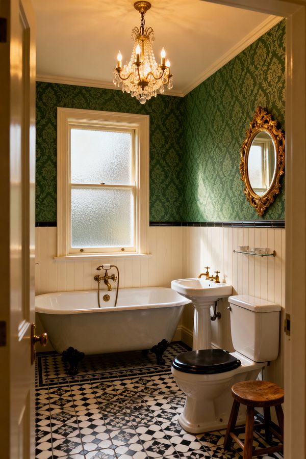 A compact Victorian-style bathroom with emerald green damask wallpaper above ivory beadboard and a narrow black tile border. A white clawfoot bathtub with black feet and brass taps sits below a frosted sash window. To the right are a pedestal sink with matching brass faucets, a toilet with a black seat, and a small glass shelf. A crystal chandelier and an ornate gilded oval mirror glow above black-and-white patterned floor tiles.