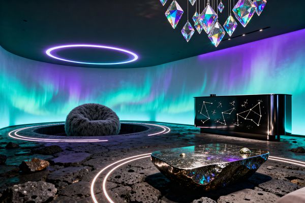 A futuristic media room with a curved wall glowing like the aurora in teal and purple, a dark ceiling with a luminous LED ring, and a cratered black lava-stone floor traced by circular light tracks. At the center is a sunken circular lounge chair in gray faux fur. A low mirrored, galaxy-patterned table and a glossy black console printed with constellation graphics sit nearby, beneath hanging iridescent diamond-shaped pendant lights.