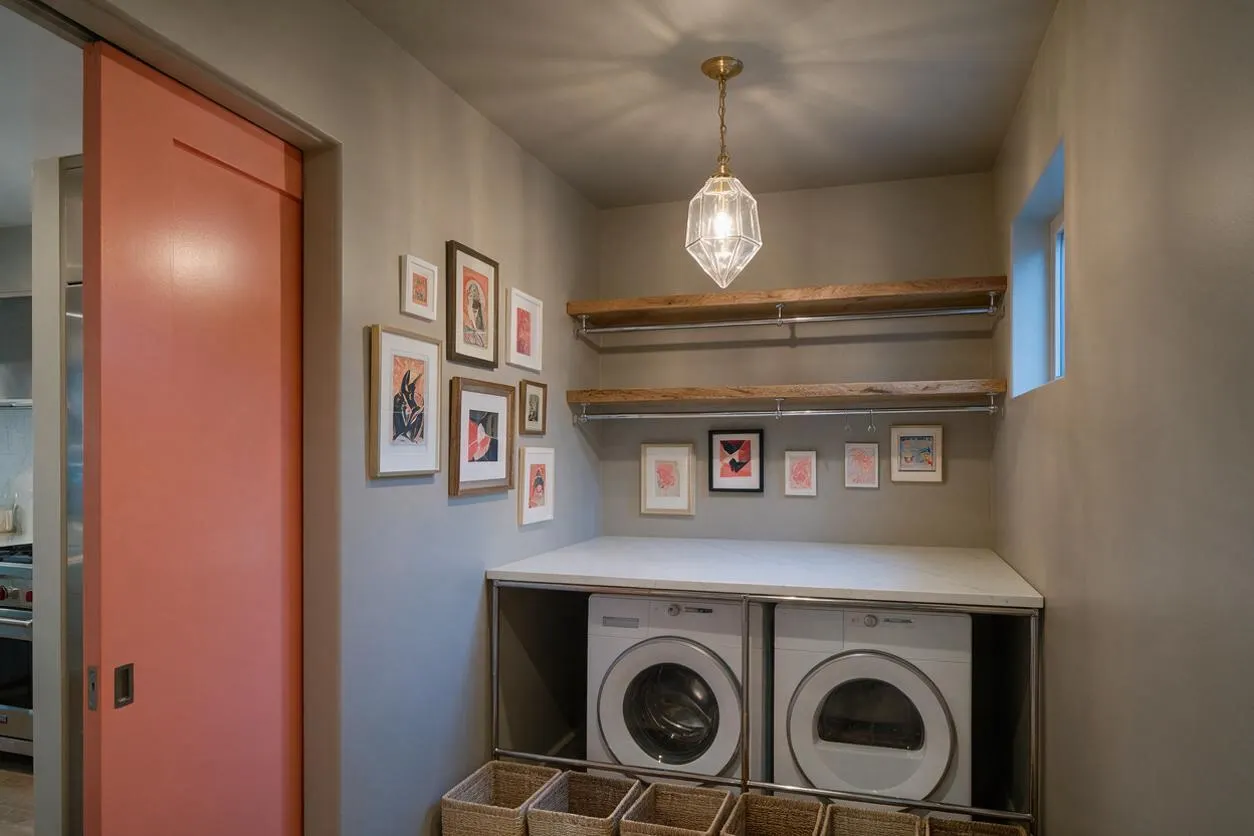A compact eclectic laundry room with a coral sliding door, neutral walls, and a white countertop over front-loading washer and dryer. Framed artwork decorates the walls, two rustic wood shelves run above the counter, and a faceted glass pendant light hangs from the ceiling.