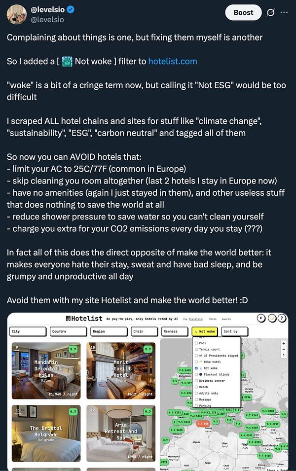 A screenshot of a hotel booking app with a hotel list and filter options for '🍃 Woke' and '🗽 Not woke' hotels.