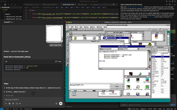 The image displays a coding environment for developing an application named PietGPT 3.11 using Microsoft Visual Basic on a Windows 3.11 interface.