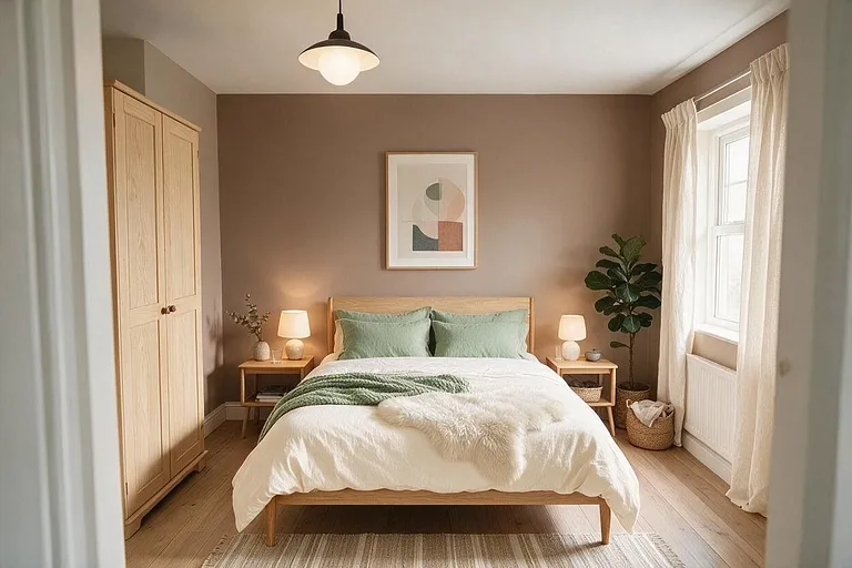 A Scandinavian bedroom in the Mocha Bedroom palette: mocha, cream, sage green, light oak, and oatmeal