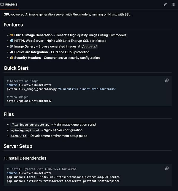 The image displays a README file for a GPU-powered AI image generation server using Flux models and Nginx.