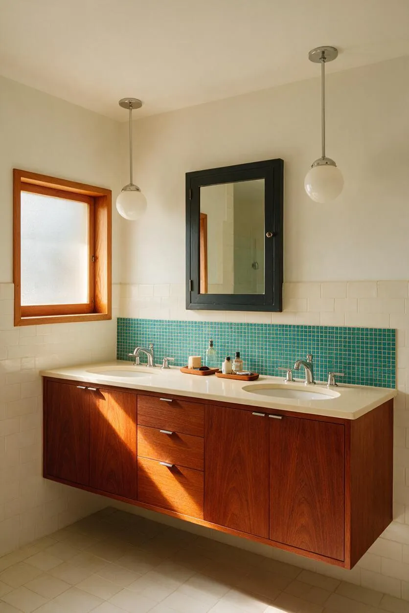 A mid-century modern master bathroom with a floating teak vanity, double sinks, and a cream countertop beneath a black medicine cabinet. A teal mosaic tile band runs along the wall, with frosted wood-framed windows and two globe pendant lights adding soft, warm light.