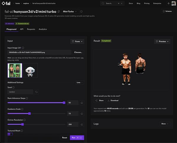 The image displays a user interface for generating 3D models from images using the HunYuan 3D tool.