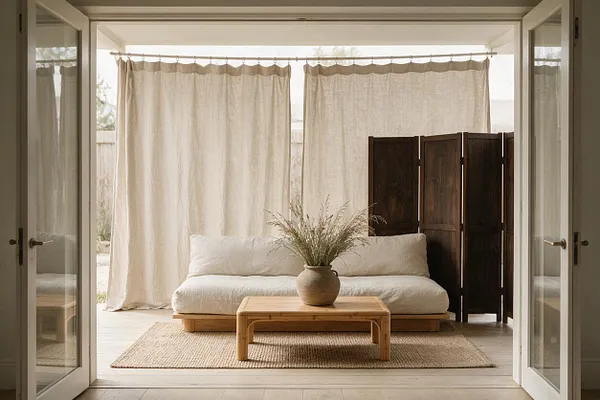 A calm Japandi-style patio with a low white cushioned sofa, a light wood coffee table, and a woven rug centered on a pale floor. Soft linen curtains hang across the back, with a dark wooden folding screen adding contrast beside the seating area.