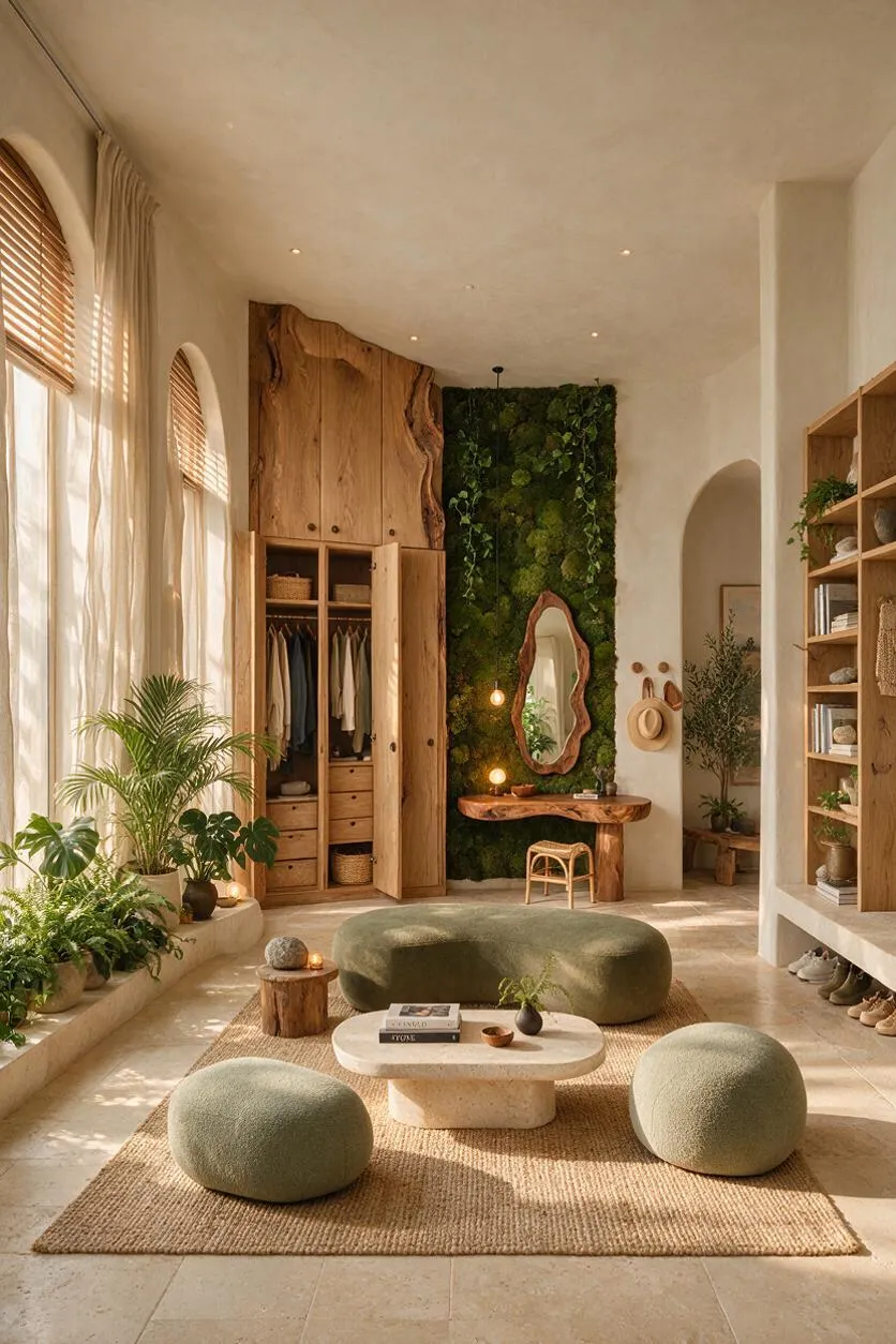 A serene biophilic closet with tall wooden wardrobes, an organic live-edge vanity, and a moss wall with a sculptural mirror. Large arched windows with sheer curtains bring in soft daylight, while plants, woven textures, and rounded poufs create a calm natural atmosphere.