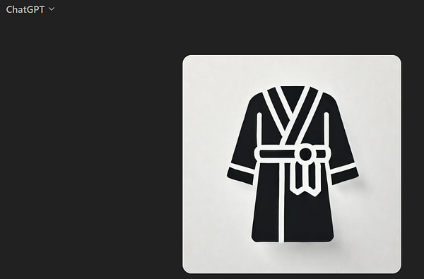 The image features a minimalist black and white icon of a bathrobe.