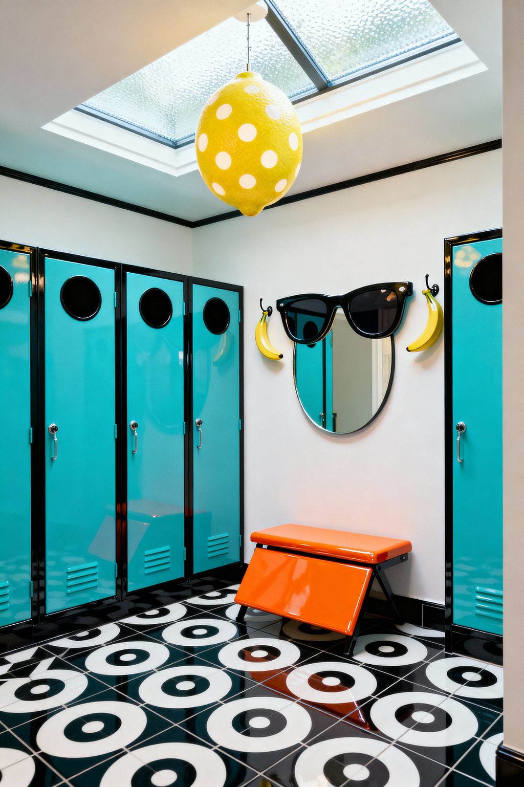 A brightly lit mudroom features glossy teal lockers with black frames and round vents along crisp white walls with black trim. The floor has black-and-white tiles in bold concentric circles. A round mirror topped with oversized black sunglasses and flanked by banana-shaped hooks creates a playful face above a shiny orange bench. Overhead, a yellow polka-dot lemon pendant hangs beneath a large skylight, filling the space with natural light.