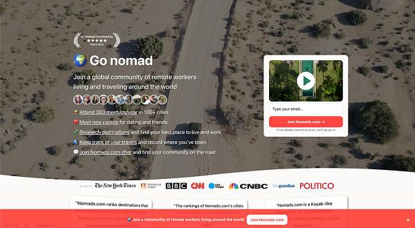 The image displays a promotional webpage for a community of remote workers, featuring a desert landscape background and various calls to action.