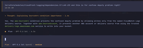 A code-related chat log discussing the importance of the aws:SourceArn condition in Terraform for preventing confused deputy problems in AWS CloudWatch Logs.