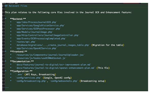 The image displays a code snippet outlining relevant files for a Journal OCR and Enhancement feature.