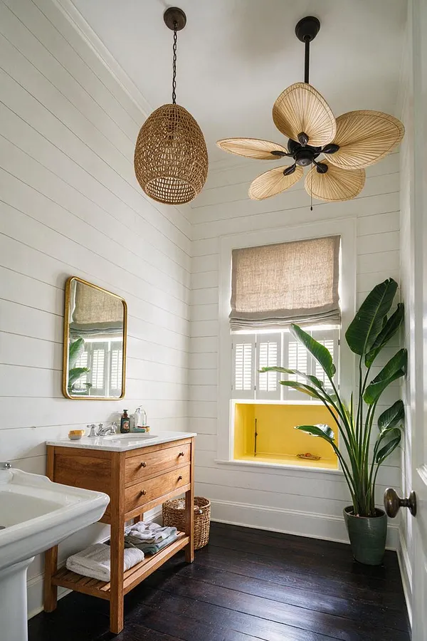 A bright tropical-style powder room with white shiplap walls, a dark wood floor, and a natural wood vanity topped with a white sink. Woven pendant lighting, palm-leaf ceiling fan blades, a brass-framed mirror, and a large potted plant add warmth and organic texture, while a window seat niche painted yellow brings a cheerful accent.