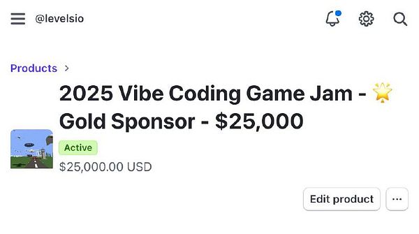 The image displays a product listing for a Gold sponsorship tier for the 2025 Vibe Coding Game Jam.
