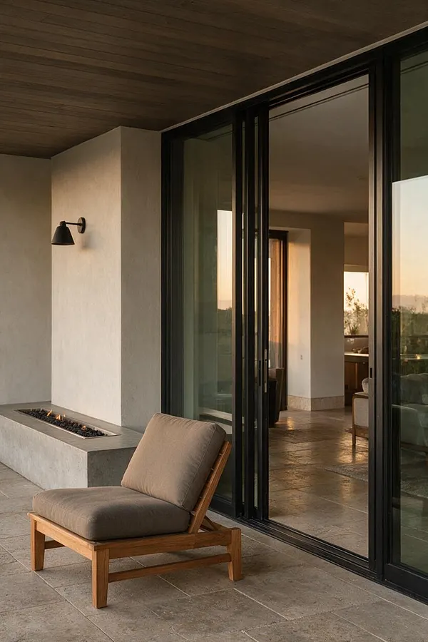 A modern covered patio with a wood ceiling, smooth light stucco walls, black-framed sliding glass doors, and a low rectangular fire feature built into the wall. A cushioned lounge chair with a wood frame sits on large stone pavers, while warm sunset light reflects through the glass into the interior beyond.