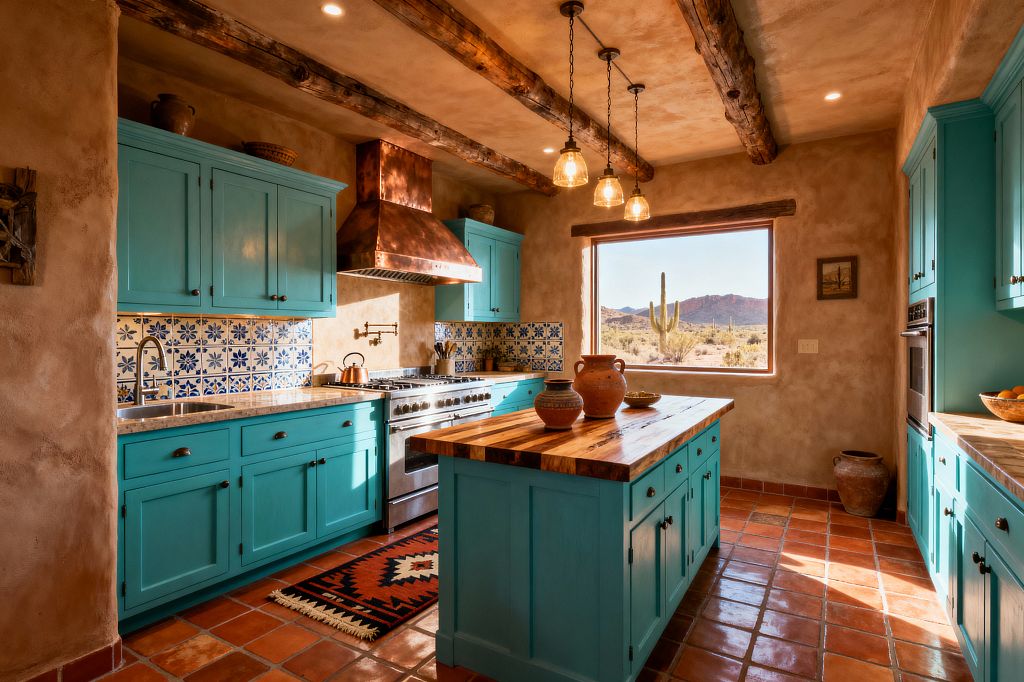 A Southwestern kitchen with vivid turquoise shaker cabinets surrounds a stainless range topped by a copper hood and blue-and-white Talavera tile backsplash. Terracotta Saltillo floor tiles, rough plaster walls, and heavy timber ceiling beams create a rustic envelope. A butcher-block island holds clay pottery under glass pendant lights, while a wide wood-framed window reveals a desert view with cacti and mountains, filling the space with warm natural light.