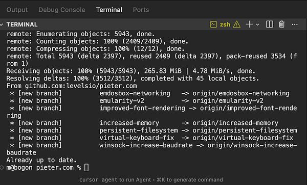 A terminal interface displaying a Git operation related to the pieter.com project.