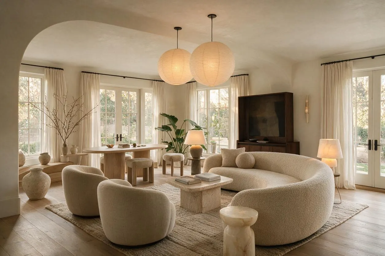 A bright sunroom with large French doors and windows wrapped in sheer cream curtains. The space features a curved boucle sofa, rounded lounge chairs, a stone coffee table, organic wood furniture, paper lantern pendant lights, and natural decor in a soft beige palette.