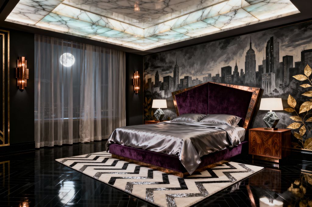 A glamorous Art Deco bedroom features a plum velvet bed with a faceted, copper-trimmed headboard dressed in silver satin. A hand-painted grayscale cityscape mural spans the wall behind, flanked by walnut nightstands with geometric cut-glass lamps and stepped brass sconces. A tiered, backlit onyx ceiling glows above glossy black herringbone flooring and a cream and black chevron rug, while sheer curtains frame a large window with the moon visible outside.