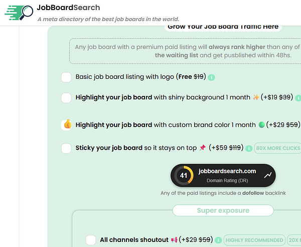 The image displays a pricing and feature selection interface for job board listings on JobBoardSearch.