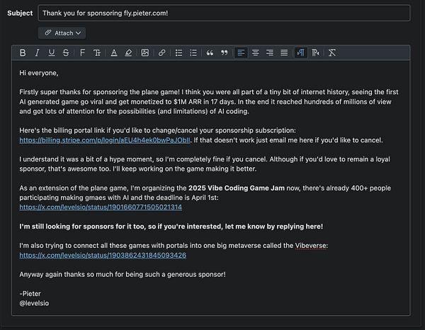 An email draft thanking sponsors for their support and providing a link for subscription management.