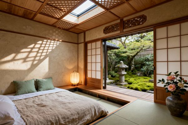 A serene Japanese bedroom features a recessed tatami platform bed with natural linen bedding and two sage green pillows. Shoji sliding doors open to a lush moss garden with a stone lantern and a narrow wood deck. Warm earthen plaster walls and natural wood trim complement a lattice wood ceiling with a central skylight casting patterned light. A small washi paper lantern glows on a low ledge, and a ceramic vase with pink flowers sits near the doorway.