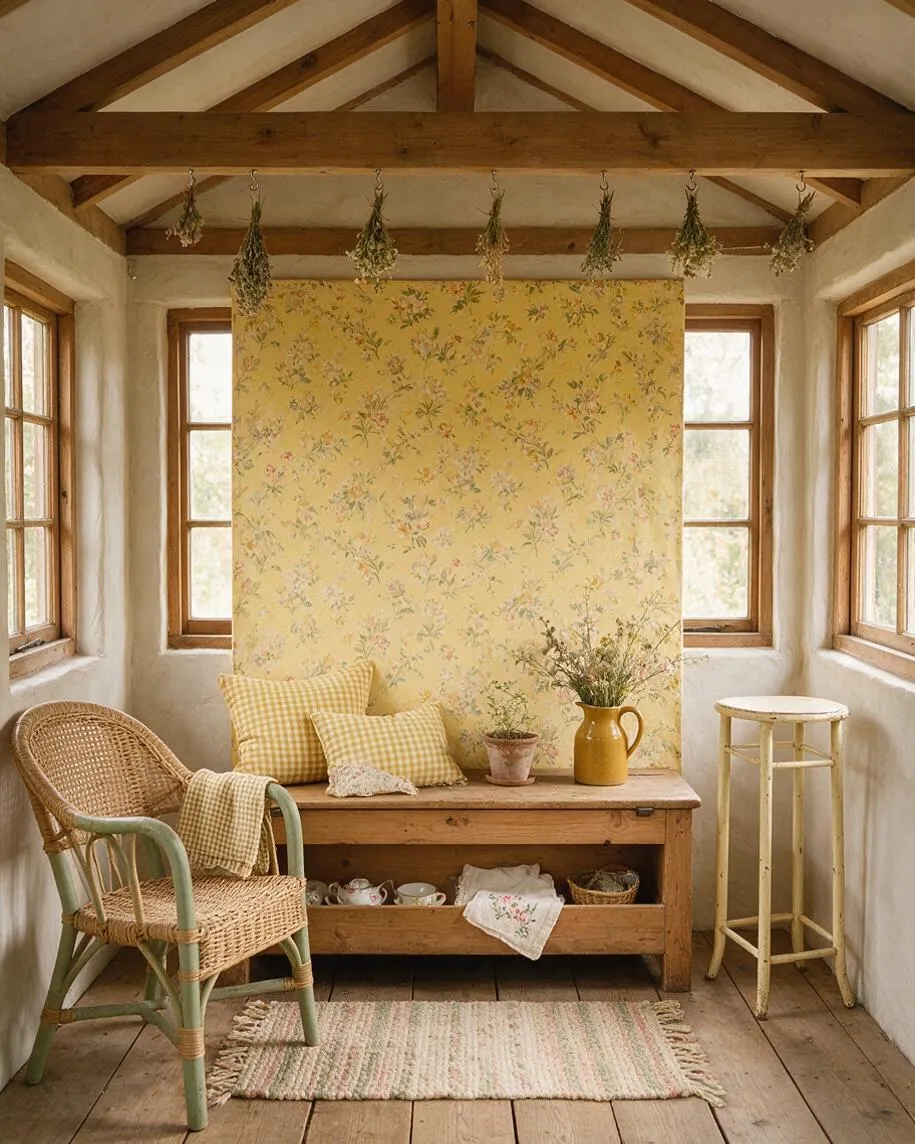 A narrow cottagecore sunroom with exposed wood beams, white plaster walls, and wooden-framed windows on both sides. The room features a floral wallpaper panel, a wicker chair with a throw, a rustic wooden bench, dried flowers hanging from the ceiling beam, a yellow pitcher, and a small round stool.
