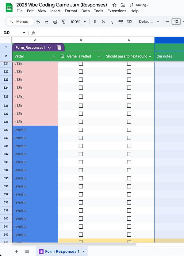 A spreadsheet displaying responses for a vetting system related to a coding game jam.