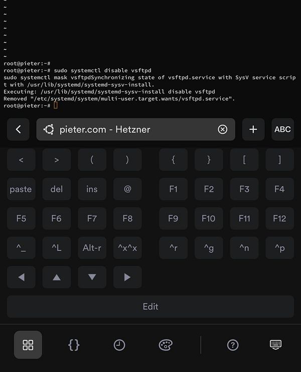 A terminal interface displaying commands to disable the vsftpd service on a server.