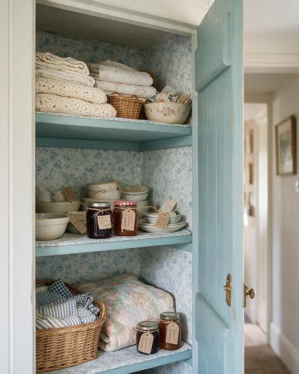 An open closet painted in soft pastel blue with floral wallpaper lining the back and sides of the shelves. The shelves hold folded quilts, wicker baskets, ceramic bowls and cups, and jars of preserves, creating a charming cottagecore storage display.