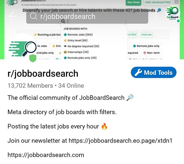 The image displays the subreddit page for r/jobboardsearch, showcasing its member count and description.