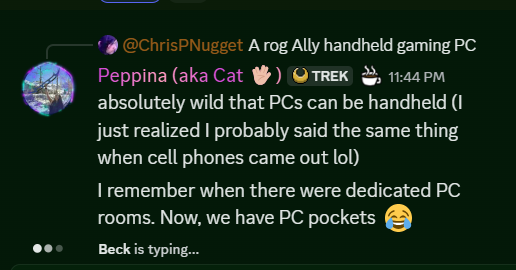 A Discord chat conversation discussing the evolution of personal computers and gaming technology.