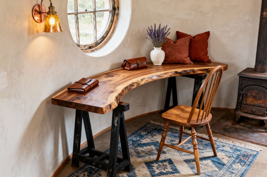 A rustic home office nook with a curved live-edge wood desk on black trestle bases sits beneath a round, weathered window. A copper wall sconce with an amber glass shade lights textured plaster walls. A honey spindle-back chair stands on a blue patterned kilim rug. On the desk are a white ceramic vase with lavender and two brown leather accessories, with rust-colored pillows in the corner and a vintage cast-iron stove to the right.