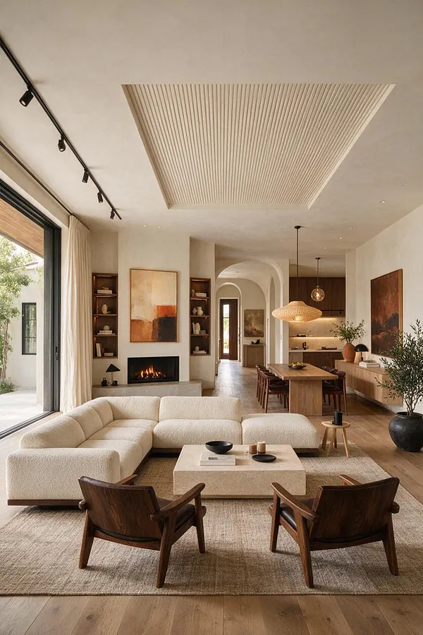 A warm modern open-plan living room with a cream sectional sofa, wooden lounge chairs, a low stone coffee table, and a textured neutral rug. The space features arched hallways, built-in shelving, a linear fireplace, large sliding glass doors, and wood accents throughout.