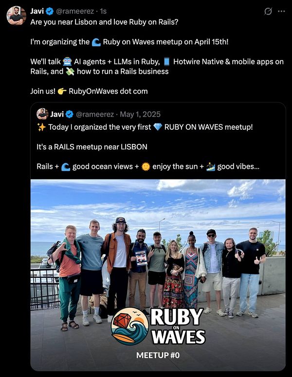 A blue and purple digital flyer for Ruby on Waves XIV conference featuring schedule, speakers, and event details.