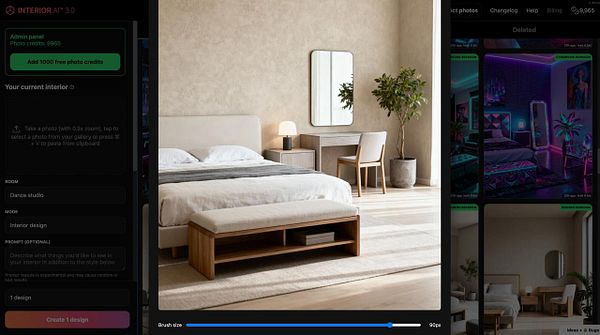 A modern interior design interface showcases a cozy bedroom setting with a large modal for editing features.