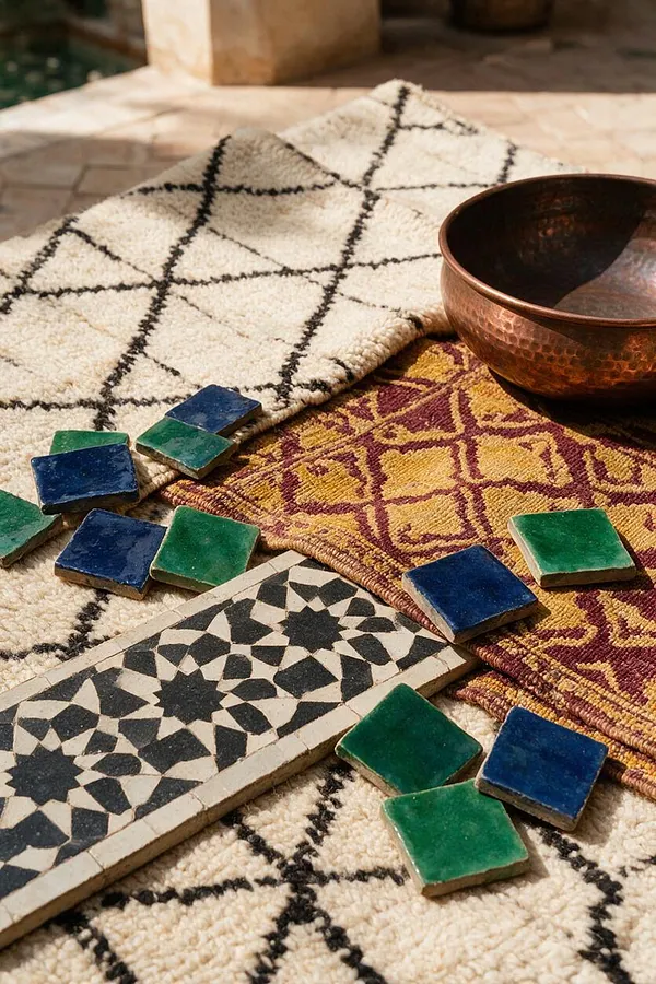 A styled Moroccan-inspired flat lay with layered rugs, scattered glossy blue and green ceramic tiles, a black-and-cream geometric tile strip, and a hammered copper bowl. The scene highlights rich textures, earthy neutrals, and jewel-toned accents.