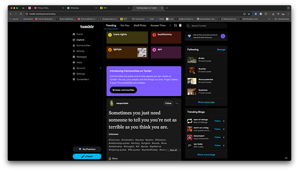 The image displays a screenshot of the Tumblr trending page featuring various topics and a motivational quote.