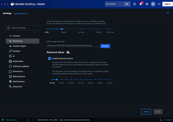 The image displays the Docker Desktop settings interface focused on resource management.