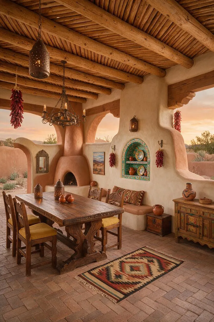 A Southwestern-style backyard patio with thick adobe walls, rounded edges, and exposed log beams overhead. The space includes a carved wooden dining table, rustic chairs with patterned cushions, a hanging iron chandelier, decorative lanterns, colorful textiles, a tiled niche with pottery, and a terracotta brick floor under a warm sunset sky.