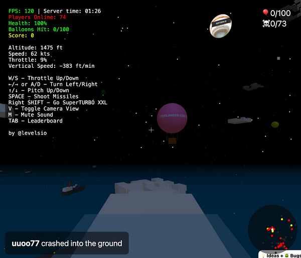 A gaming interface displaying a hot air balloon in a space-themed environment with various controls and player information.