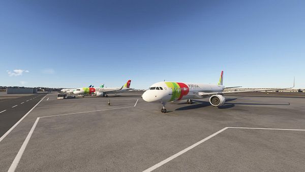 The image depicts a realistic airport scene featuring multiple aircraft on the tarmac.