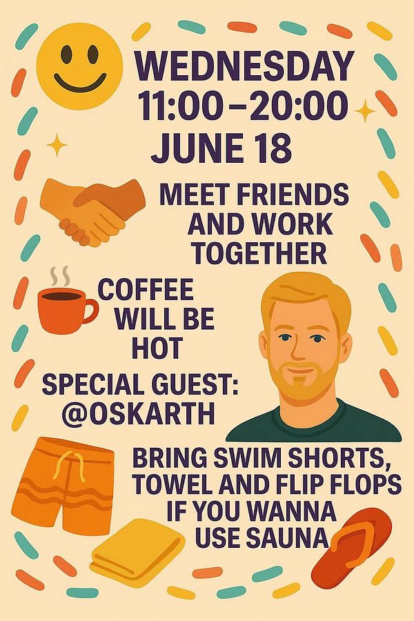 A colorful event poster for a coworking day featuring a smiling face, a handshake, and various icons related to the event.