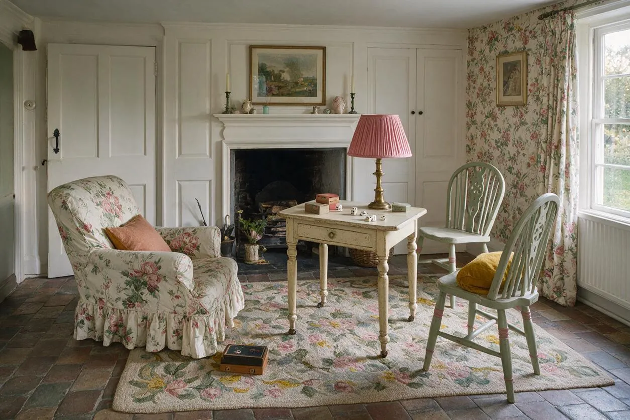 A cozy cottagecore game room with a floral armchair, mismatched painted chairs, and a small distressed table centered on a floral rug. White paneled walls, a black fireplace, pink table lamp, and floral curtains create a soft vintage atmosphere.