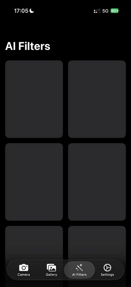 The image displays a mobile interface for AI filters with loading placeholders.