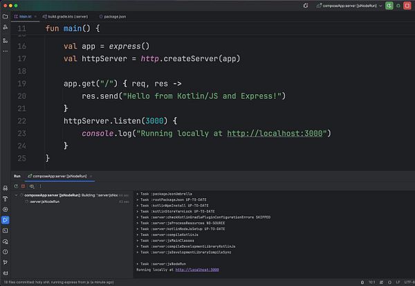 The image displays a code snippet in Kotlin that sets up an Express server.