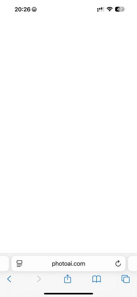 The image displays a blank webpage on a mobile device with the URL 'photoai.com'.