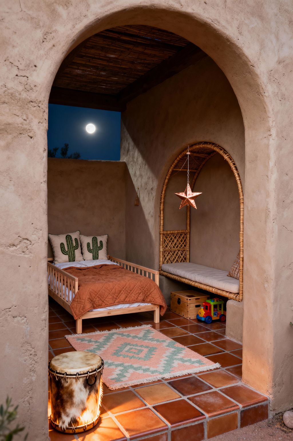 A small Southwestern kids’ room is framed by a thick arched adobe opening. Inside, a pine toddler bed with a rust quilt and cactus-print pillows sits on terracotta tiles. To the right, a built-in rattan arch bench with a seat cushion hangs a star-shaped metal pendant above, with a wooden toy chest and colorful toy train beneath. A pastel geometric rug lies near a glowing hide drum. The ceiling is lined with wood slats, and a full moon is visible outside.